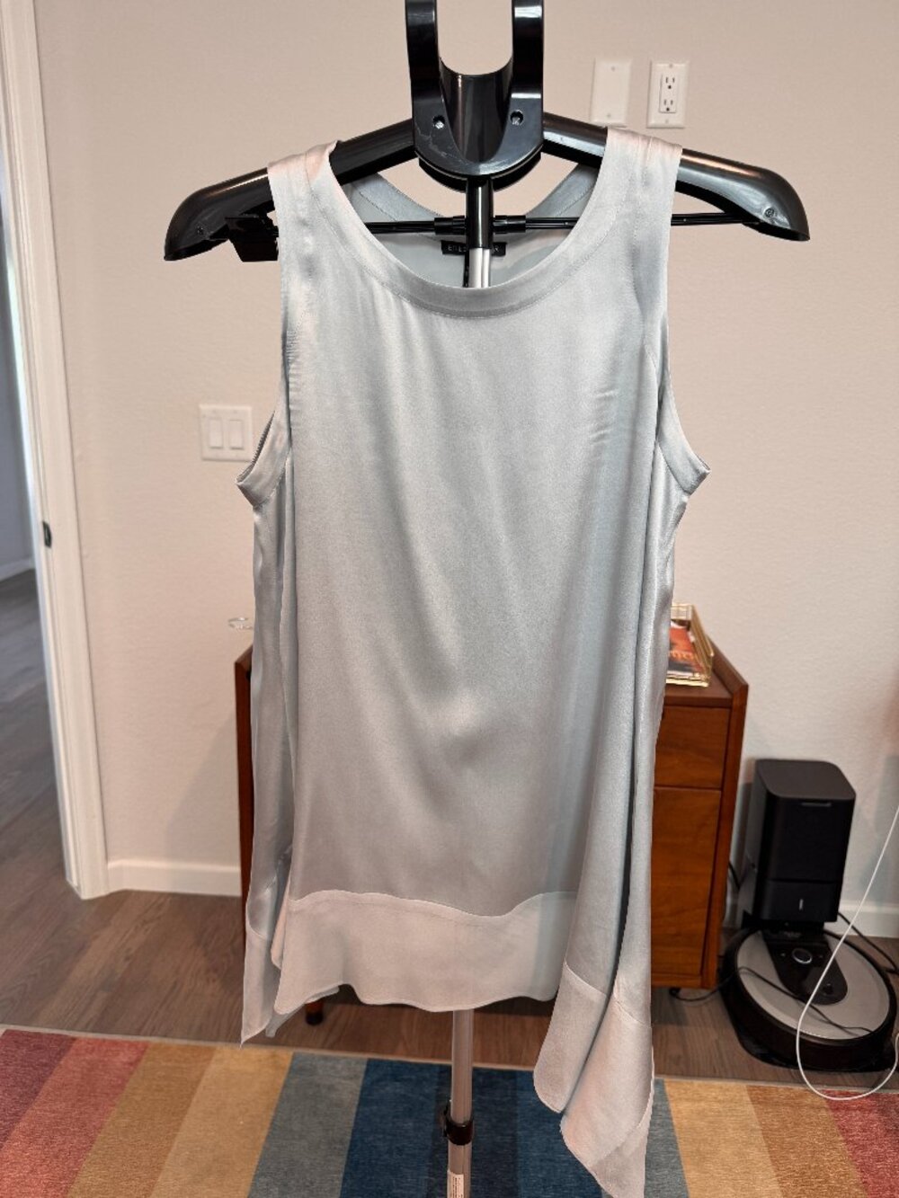 Eileen Fisher XS Silver Blue Silk Georgette Crepe Asymmetrical Tank Top Tunic